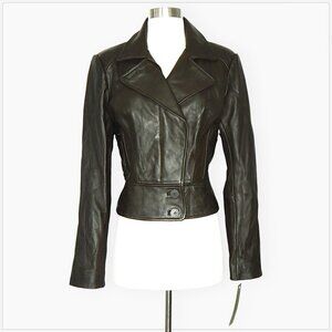 Nicole Miller Olive Green Leather Wool Combo Panel Moto Style Jacket NWT NEW M